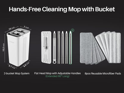 JOYMOOP Wall Mop and Bucket Set, Hands-Free Flat Floor Mop with 3 Washable Microfiber Pads, Wet and Dry Use, Ideal for Home and Commercial Floor Cleaning