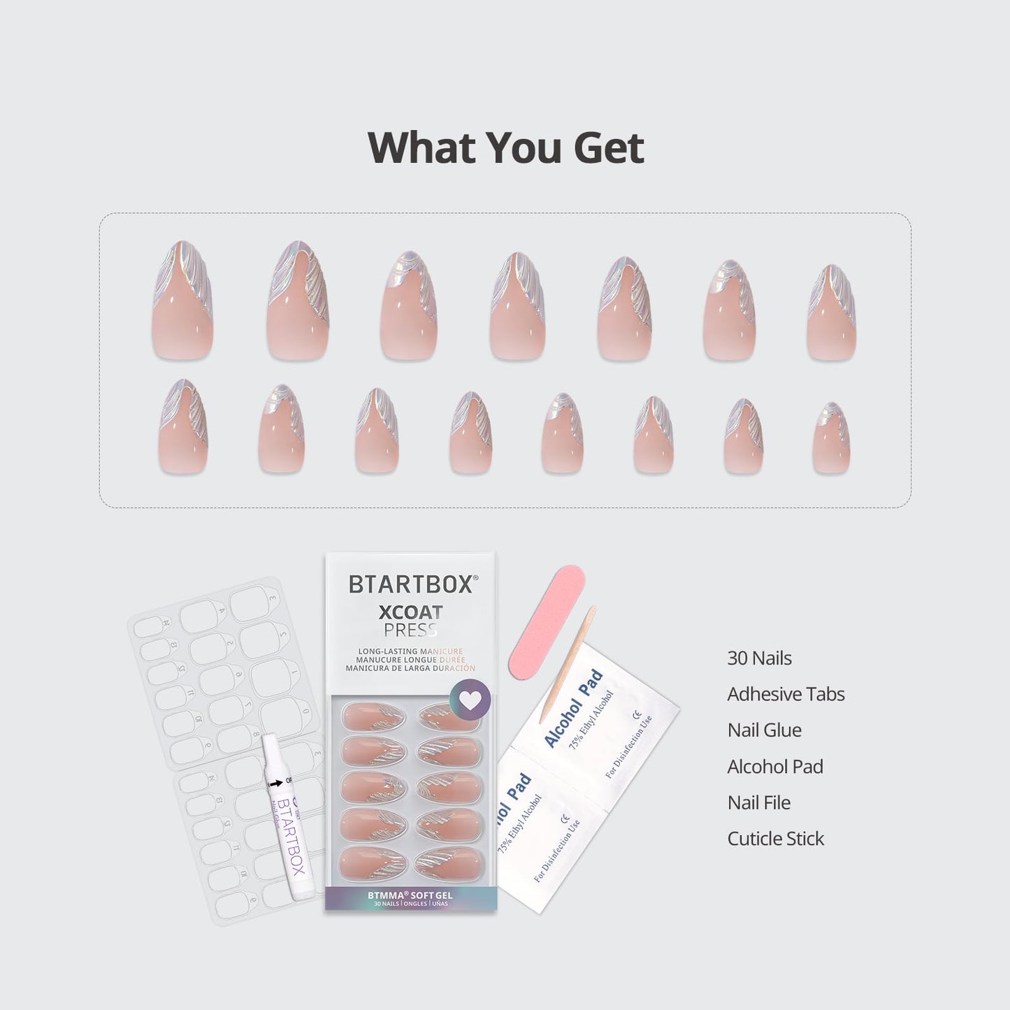 BTArtbox Press On Nails, Cream Puff, Short Almond, Ombre Off White, 32Ct