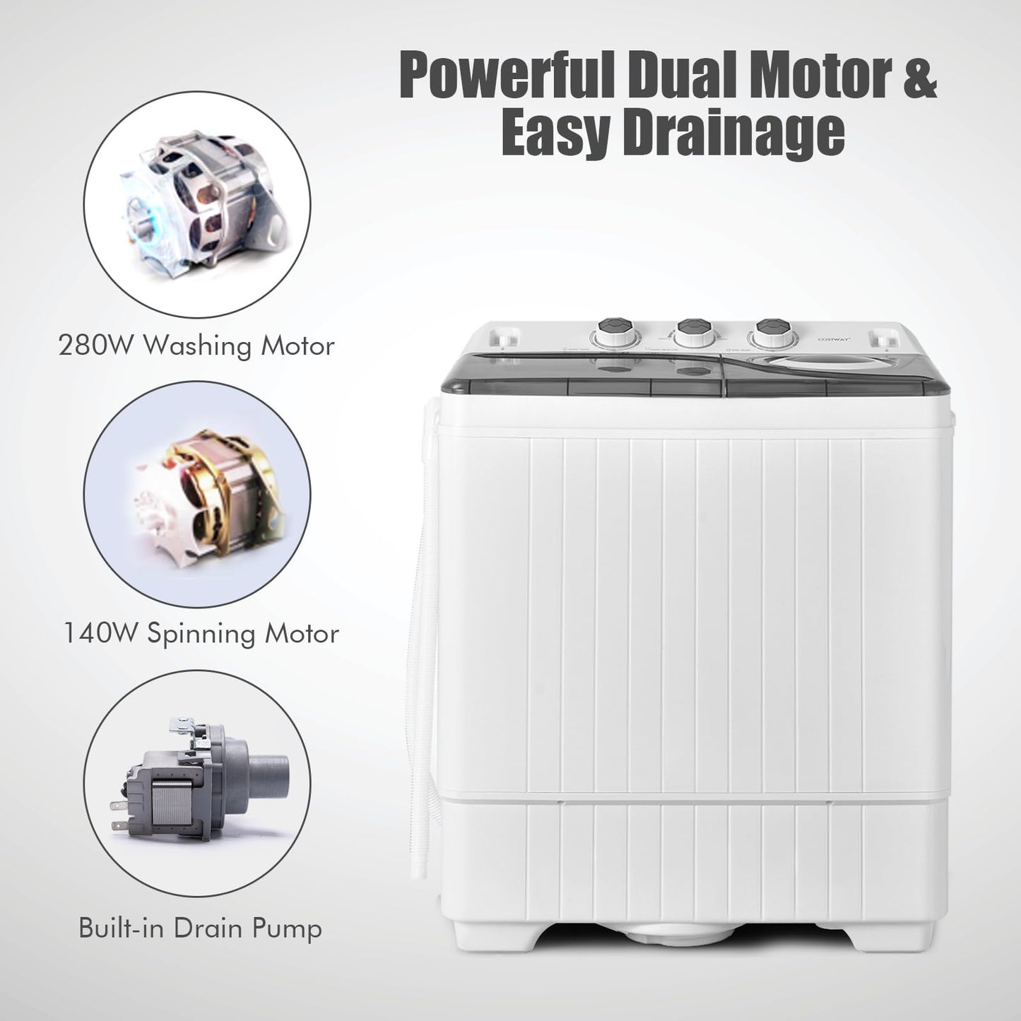 COSTWAY Portable Washing Machine, Twin Tub 26lbs Capacity Laundry Washer, 18lbs Washer and 8lbs Spinner Combo with Timer Knobs, Built-in Drain Pump, Compact Washer for Home Dorm Apartment, Blue+White
