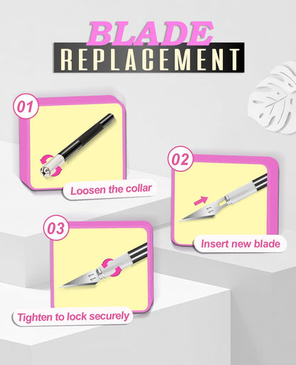 DIYSELF Exacto Knife Set with 10 Extra #11 Blades, 6-Inch Metal Ruler, Pink