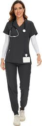 COZYFIT Scrubs for Women Set - Stretch V-Neck & Jogger Pant with 9 Pockets