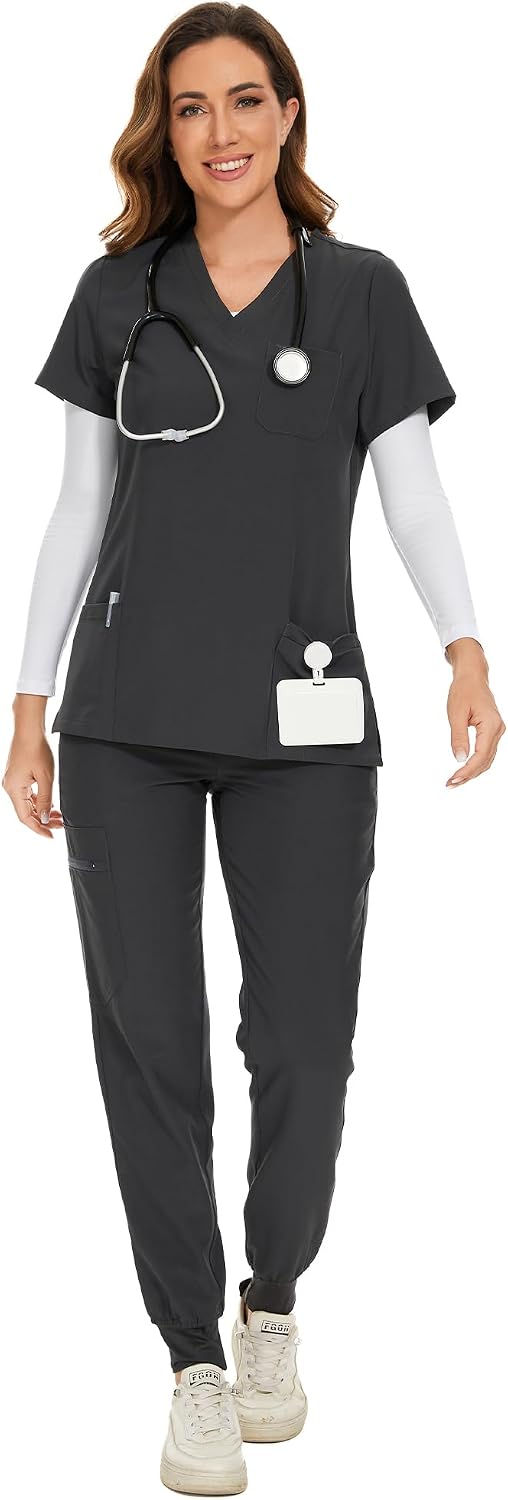COZYFIT Scrubs for Women Set - Stretch V-Neck & Jogger Pant with 9 Pockets