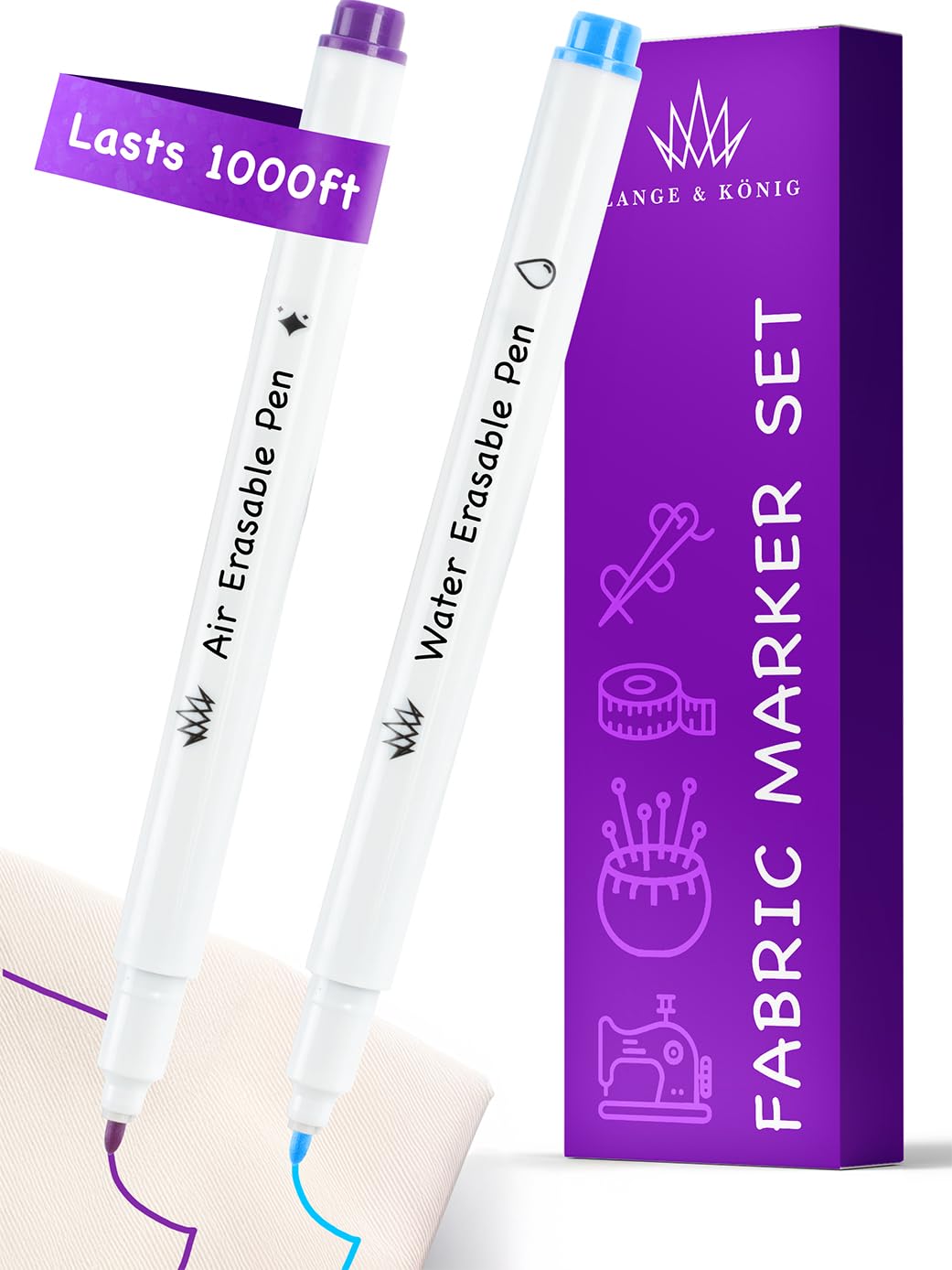 Lange & König 4x Heat Erasable Fabric Marking Pens for Sewing - 4 Pens + 8 Refills - Sewing Supplies Quilting Supplies Table Accessories Embroidery Pen Tailors Chalk Alternative