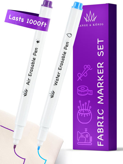 Lange & König 4x Heat Erasable Fabric Marking Pens for Sewing - 4 Pens + 8 Refills - Sewing Supplies Quilting Supplies Table Accessories Embroidery Pen Tailors Chalk Alternative