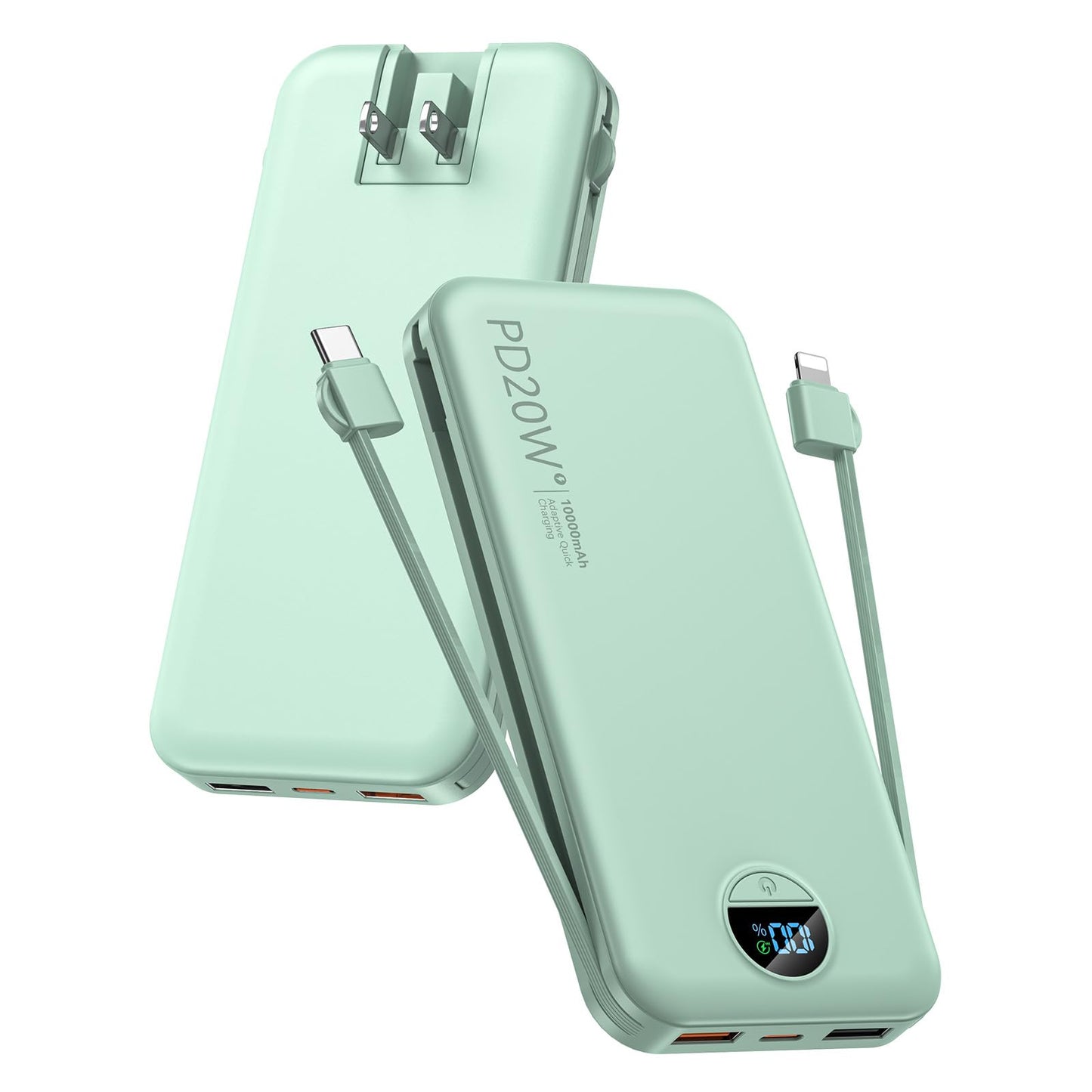 citicr Portable Charger 10000mAh PD20W w/Built-in Cables & Wall Plug White