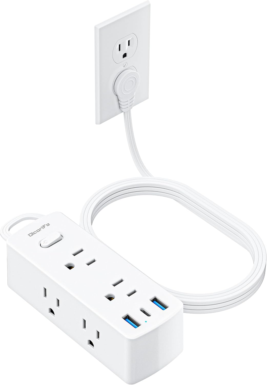 Olcorife Flat Plug Power Strip with 5 FT Extension Cord, 6 Outlets 3 USB Ports(1 USB C), 3 Sided Outlet Extender for Home Office Travel Dorm Room Essentials, White