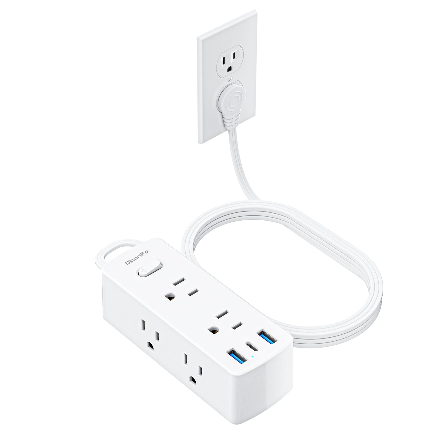 Olcorife Flat Plug Power Strip with 5 FT Extension Cord, 6 Outlets 3 USB Ports(1 USB C), 3 Sided Outlet Extender for Home Office Travel Dorm Room Essentials, White