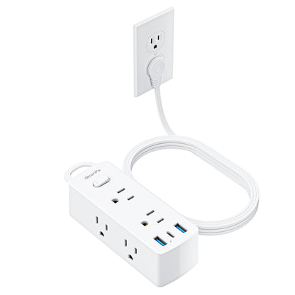 Olcorife Flat Plug Power Strip with 5 FT Extension Cord, 6 Outlets 3 USB Ports(1 USB C), 3 Sided Outlet Extender for Home Office Travel Dorm Room Essentials, White
