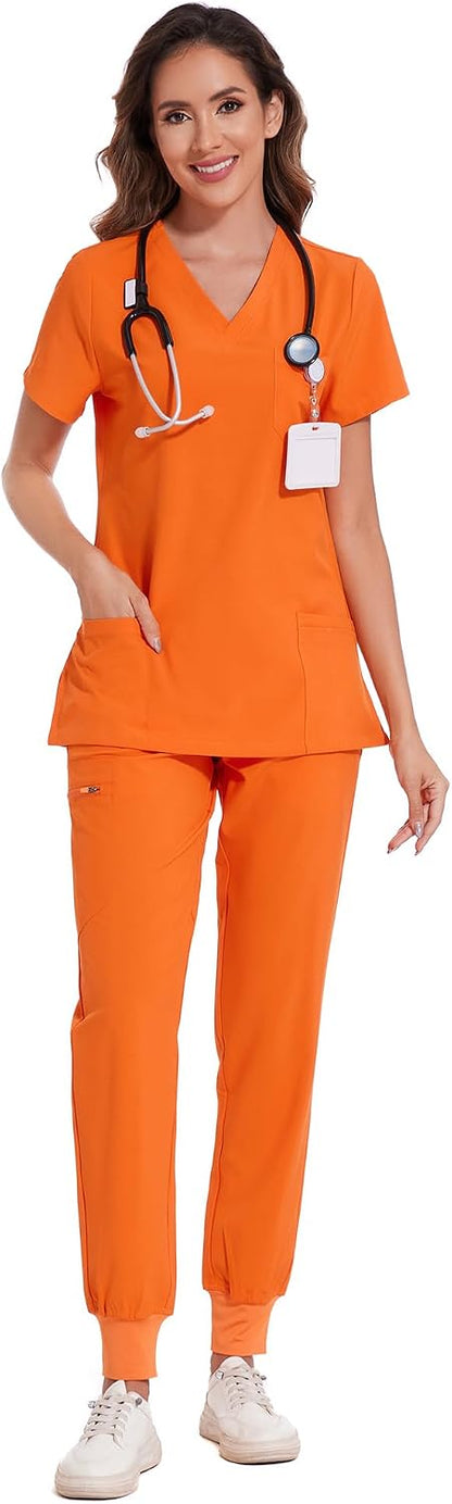 COZYFIT Scrubs for Women Set - Stretch V-Neck & Jogger Pant with 9 Pockets