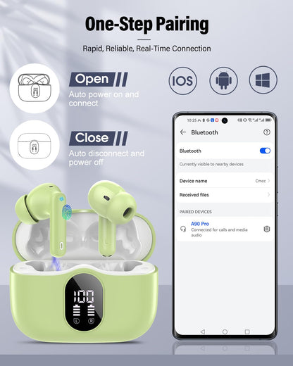 Wireless Earbuds, Bluetooth 5.4 Headphones Bass Stereo/Clear Calls, Black