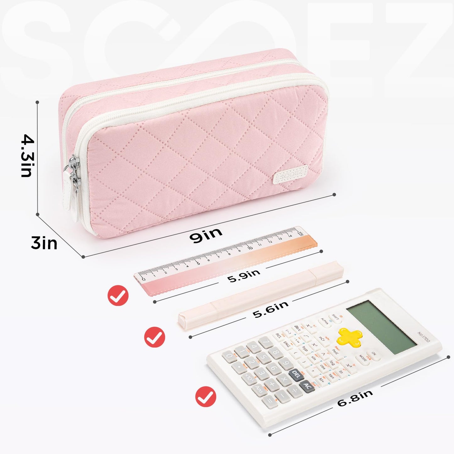 Sooez Large Pencil Case Pouch, Extra Big Pencil Bag with 8 Compartments, Pen Bag Wide Opening, Soft Quilted Pencil Pouch Organizer with Zipper, Portable Pencil Case for Teen Girls, Beige