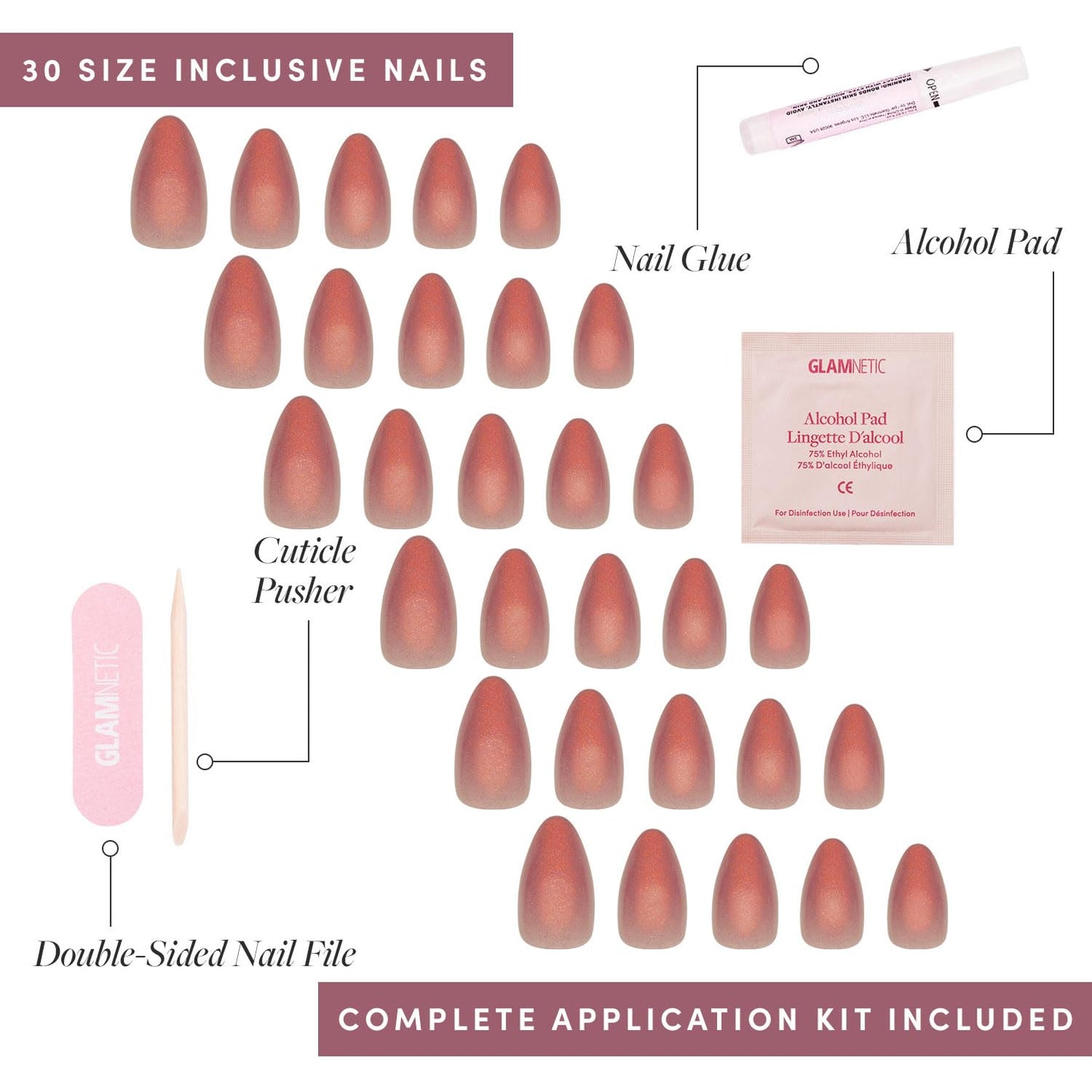 Glamnetic Press On Nails - Short Almond, Glossy Fake Nails 24 Pc Full Kit