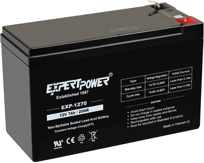 ExpertPower EXP1270, 12V 7Ah Battery SLA Rechargeable with F1 Terminals