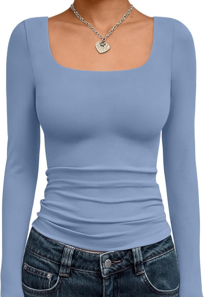 Trendy Queen Womens Square Neck Long Sleeve Shirts Double Lined Fall Tops
