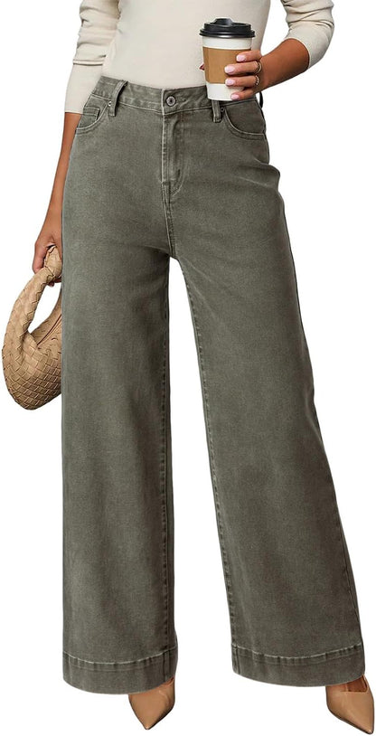 Dokotoo Women's Casual High Waisted Jeans Stretch Wide Leg Loose Denim Pant