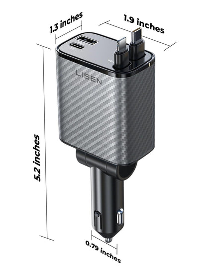 LISEN Retractable Car Charger, 84W Car Charger USB C Fast Charge, 4 in 1