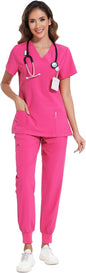 COZYFIT Scrubs for Women Set - Stretch V-Neck & Jogger Pant with 9 Pockets