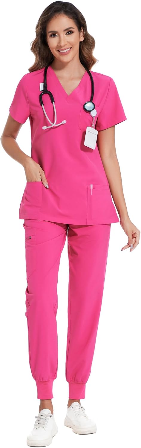 COZYFIT Scrubs for Women Set - Stretch V-Neck & Jogger Pant with 9 Pockets