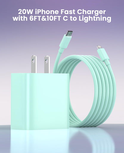 iPhone Charger Fast Charging, USB C Charger Block, 6FT/10FT Lightning Cable