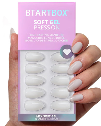 BTArtbox Press On Nails, Cream Puff, Short Almond, Ombre Off White, 32Ct