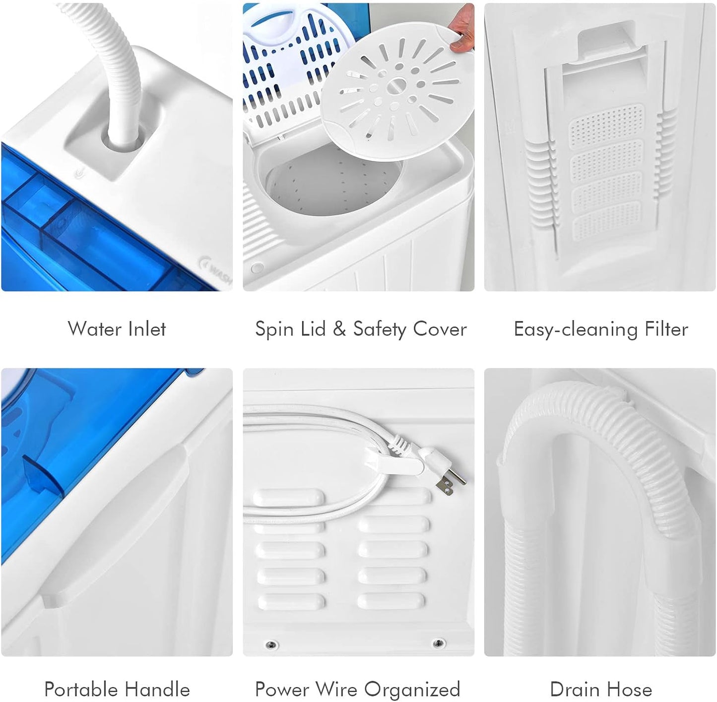 COSTWAY Portable Washing Machine, Twin Tub 26lbs Capacity Laundry Washer, 18lbs Washer and 8lbs Spinner Combo with Timer Knobs, Built-in Drain Pump, Compact Washer for Home Dorm Apartment, Blue+White
