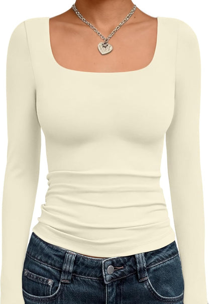 Trendy Queen Womens Square Neck Long Sleeve Shirts Double Lined Fall Tops