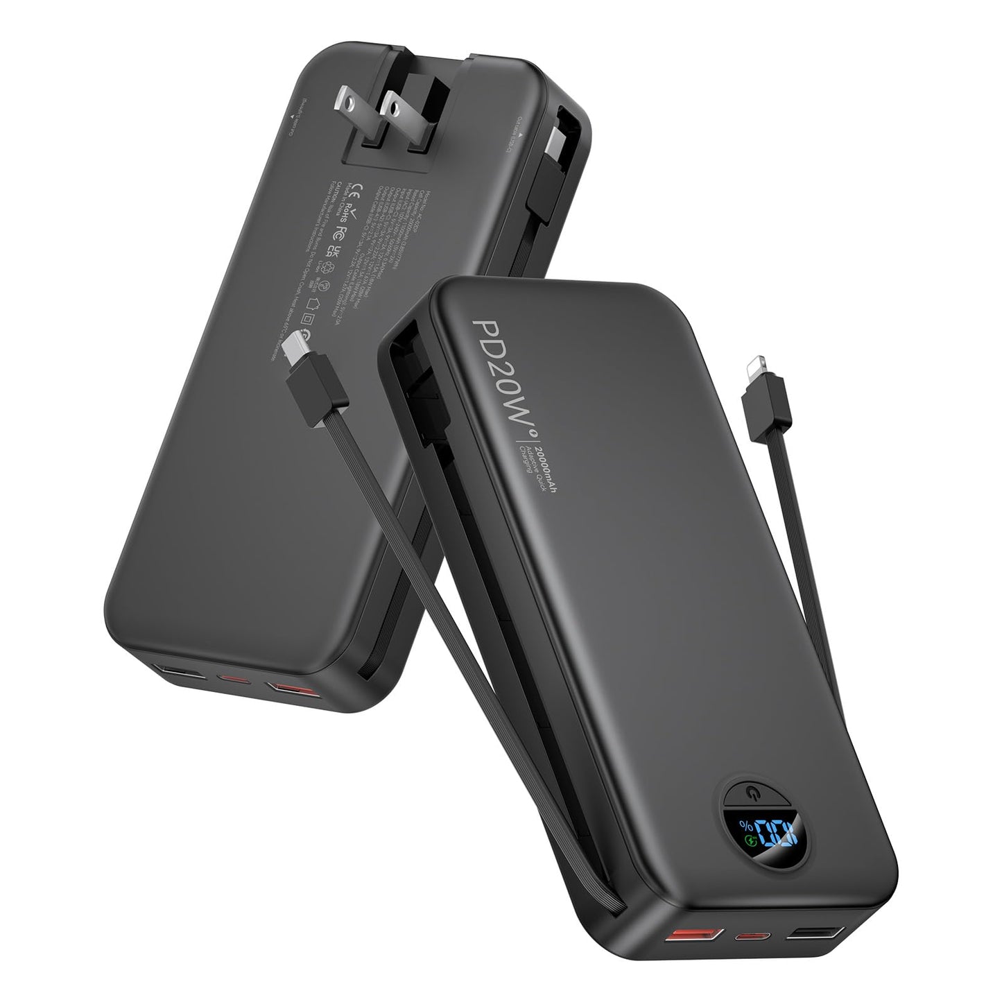 citicr Portable Charger 10000mAh PD20W w/Built-in Cables & Wall Plug White