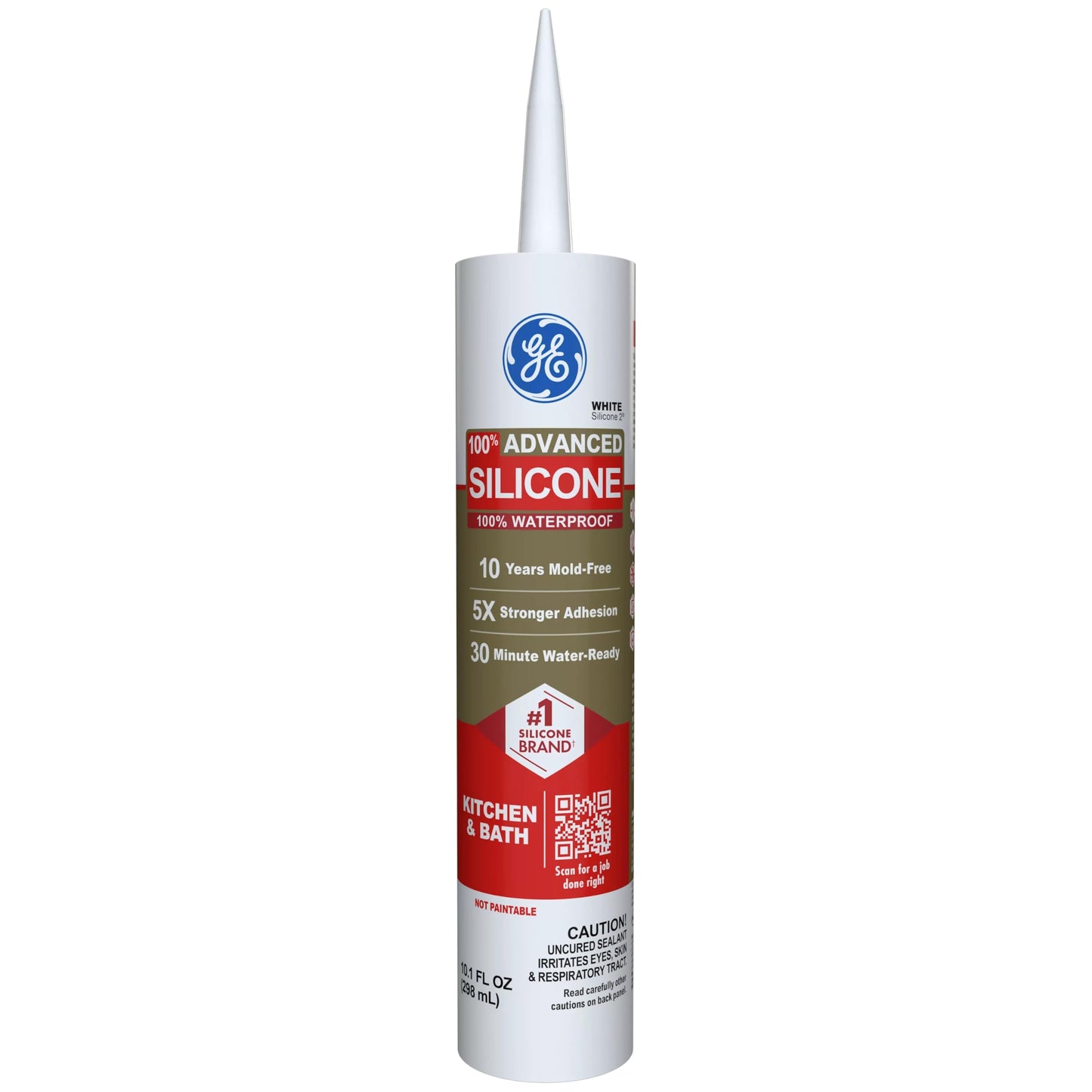 GE Advanced Silicone Caulk for Kitchen & Bathroom, White, 10 fl oz Cartridge, 1 Pack - 100% Waterproof Silicone Sealant, 5X Stronger Adhesion, Shrink & Crack Proof