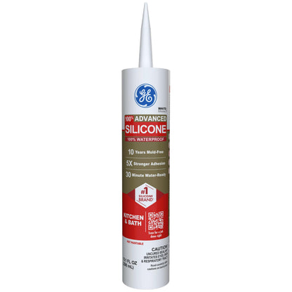 GE Advanced Silicone Caulk for Kitchen & Bathroom, White, 10 fl oz Cartridge, 1 Pack - 100% Waterproof Silicone Sealant, 5X Stronger Adhesion, Shrink & Crack Proof