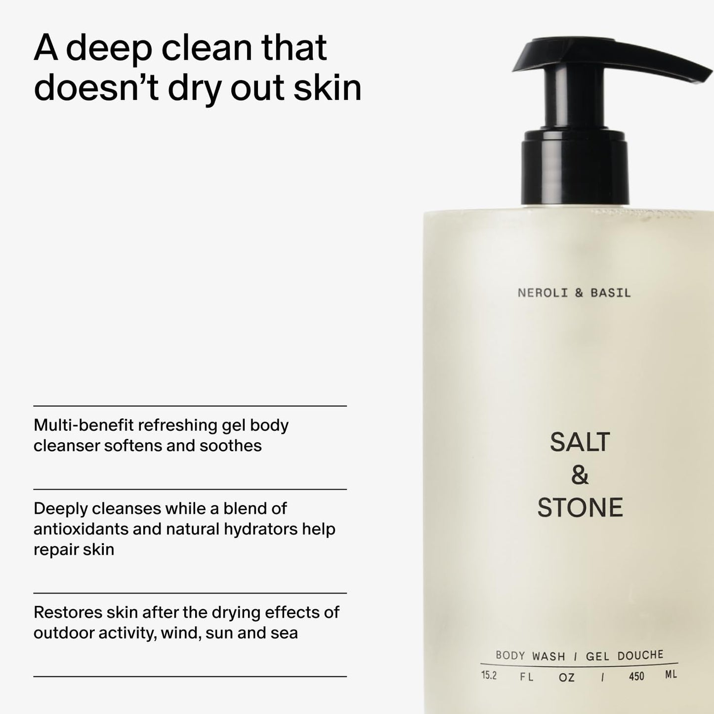 Salt & Stone Body Wash for Women & Men, Bergamot & Hinoki 15.2 fl oz