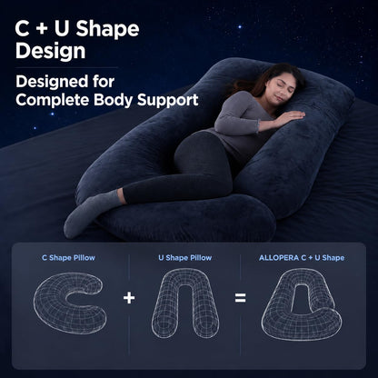 ALLOPERA Pregnancy Pillow, Full Body Maternity Pillow 57 inch, with Removable Washable Cover - Sleep Support for Legs, Back, Neck, Shoulder, HIPS, Belly, Velvet Cover-Grey-Dark Blue