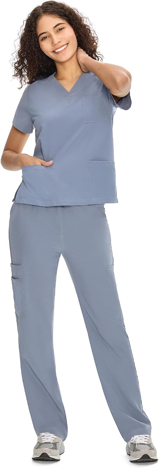 COZYFIT Scrubs for Women Set - V-Neck & Straight Leg Pants with 9 Pockets