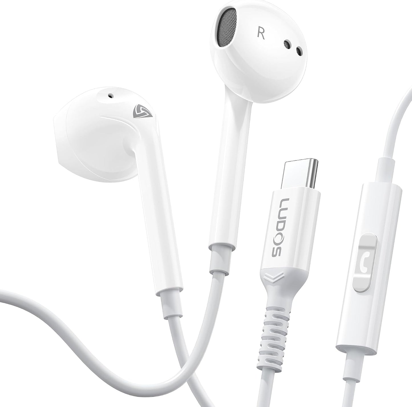 LUDOS Zenith USB C Headphones for iPhone 17 16 15 Pro Max Plus Air iPad Pro Air, 5 Years Warranty, USB-C Earbuds for Samsung Galaxy S24 S23 Ultra S22 S21 S20 A55 A54 A53, USB Type C Earphones - White