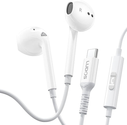 LUDOS Zenith USB C Headphones for iPhone 17 16 15 Pro Max Plus Air iPad Pro Air, 5 Years Warranty, USB-C Earbuds for Samsung Galaxy S24 S23 Ultra S22 S21 S20 A55 A54 A53, USB Type C Earphones - White