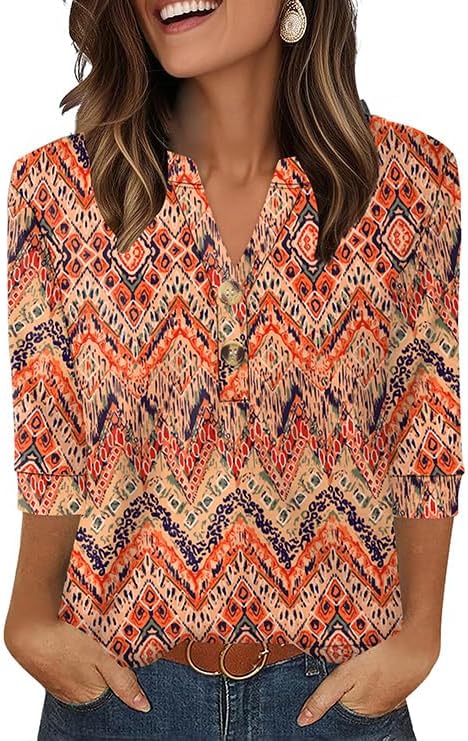 OFEEFAN Womens Tops 3/4 Sleeve Henley Shirts for Women Summer Outfits Fashion Clothing