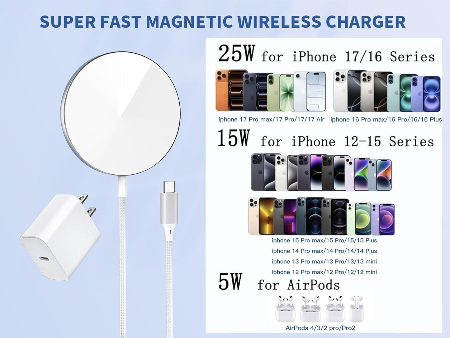 Magnetic Wireless Charger for iPhone,2 Pack Apple Magsafe Charger 10FT Long
