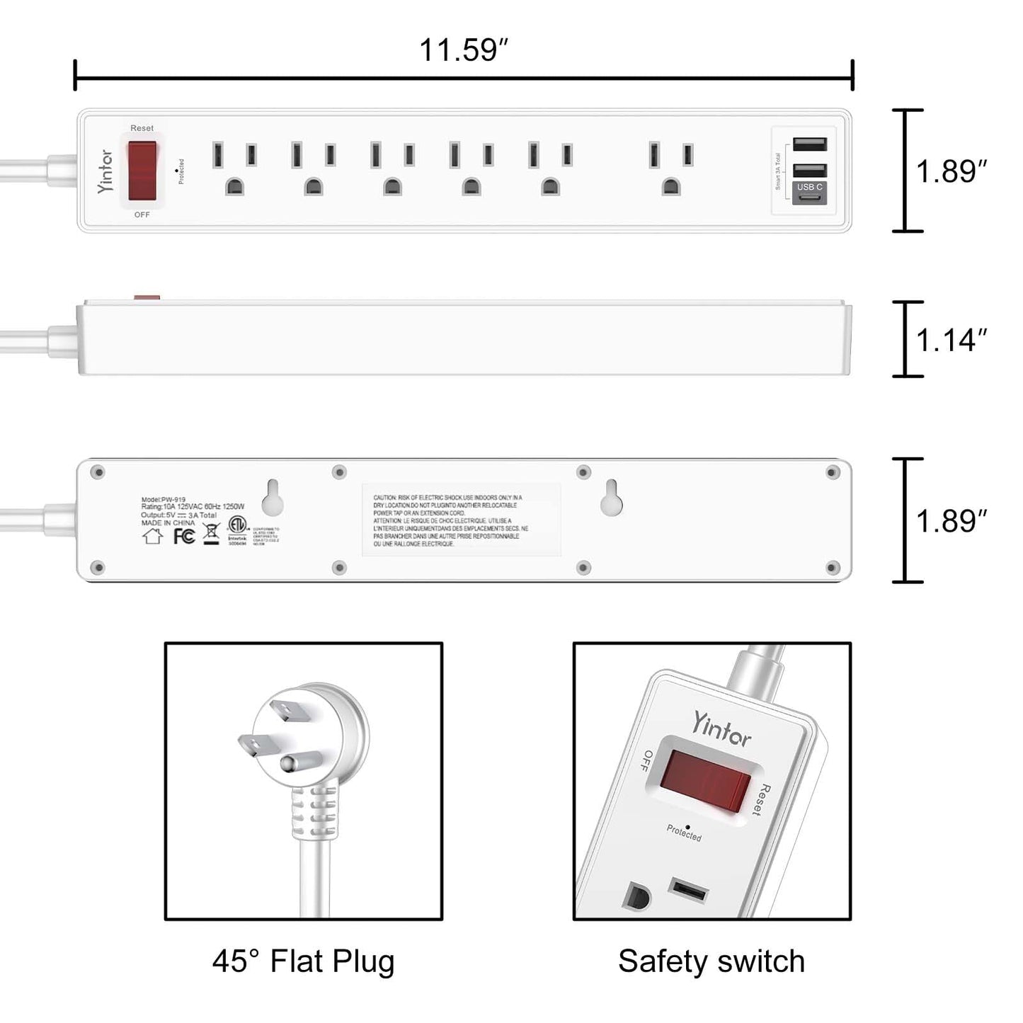 Yintar 6Ft Surge Protector Power Strip with 8 Outlets and 4 USB Ports
