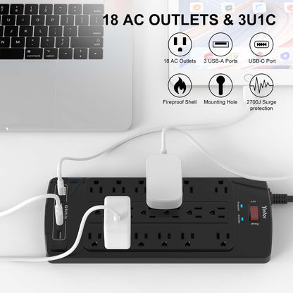 Yintar 6Ft Surge Protector Power Strip with 8 Outlets and 4 USB Ports