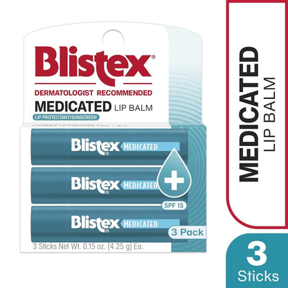 Blistex Medicated Lip Balm SPF 15, 24 Hr Moisture, 0.15 oz, 3 Count