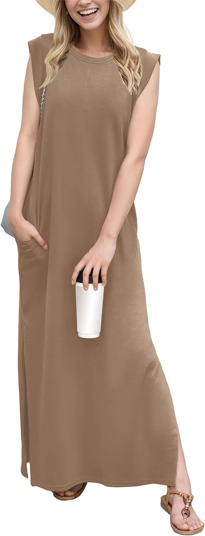 GRECERELLE 2026 Women Year-Round Casual Round Neck Loose Split Wrinkle-Free Long Maxi Vacation Dress with Pockets (XXS-4XL)