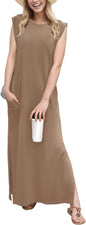 GRECERELLE 2026 Women Year-Round Casual Round Neck Loose Split Wrinkle-Free Long Maxi Vacation Dress with Pockets (XXS-4XL)