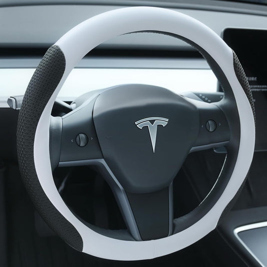 Uxcer Nappa Leather Steering Wheel Cover Compatible with Tesla Model 3/Y 2016-2025 2026 Juniper/Highland, Non-Slip Breathable Tesla Model 3/Y Steering Wheel Protector, White