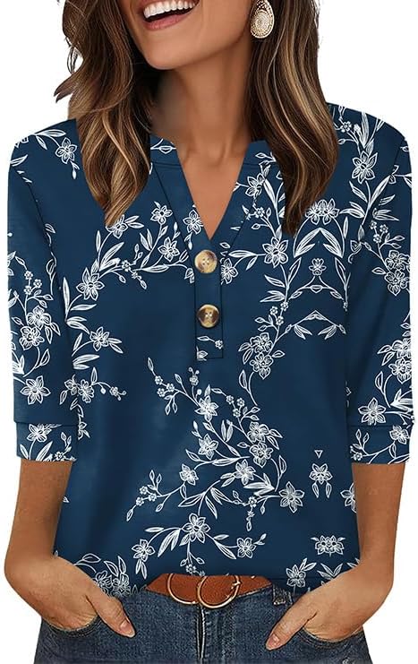 OFEEFAN Womens Tops 3/4 Sleeve Henley Shirts for Women Summer Outfits Fashion Clothing