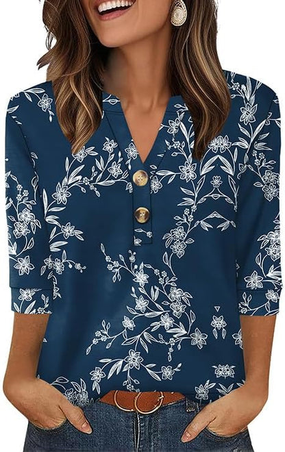 OFEEFAN Womens Tops 3/4 Sleeve Henley Shirts for Women Summer Outfits Fashion Clothing