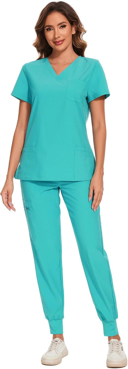 COZYFIT Scrubs for Women Set - Stretch V-Neck & Jogger Pant with 9 Pockets
