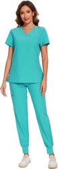 COZYFIT Scrubs for Women Set - Stretch V-Neck & Jogger Pant with 9 Pockets