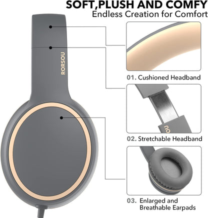 R10 Over-Ear Headphones with Microphone, Lightweight Folding Stereo Bass Headset with 1.5M No-Tangle Cord, Portable Wired Headphones for Smartphone Tablet Computer MP3 / 4 (Grey)