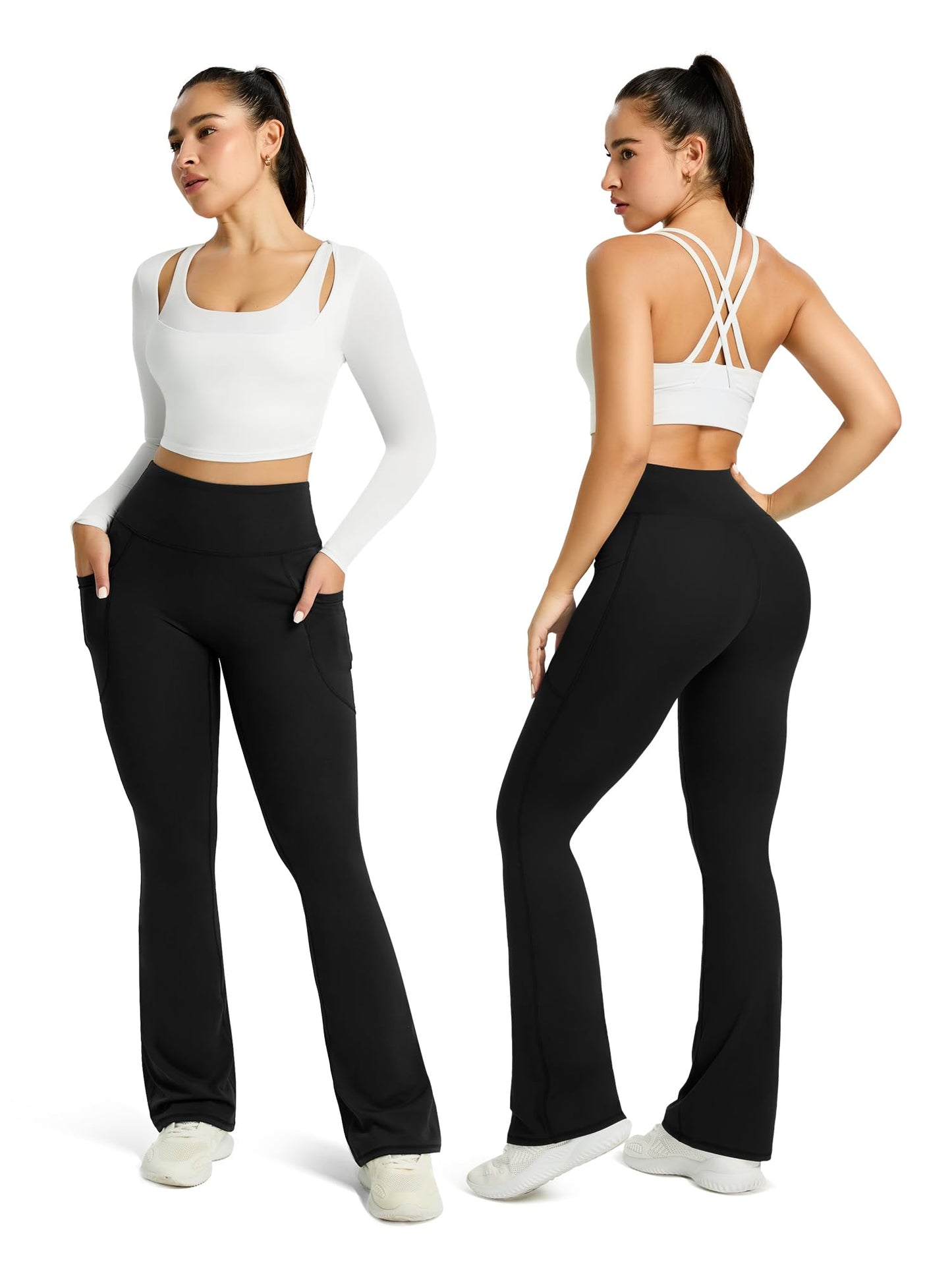 Womens Flared Yoga Pants with Pockets, High Waisted Flare Leggings Bell Bottom Bootcut Yoga Dress Pants