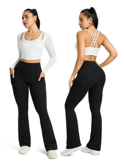 Womens Flared Yoga Pants with Pockets, High Waisted Flare Leggings Bell Bottom Bootcut Yoga Dress Pants