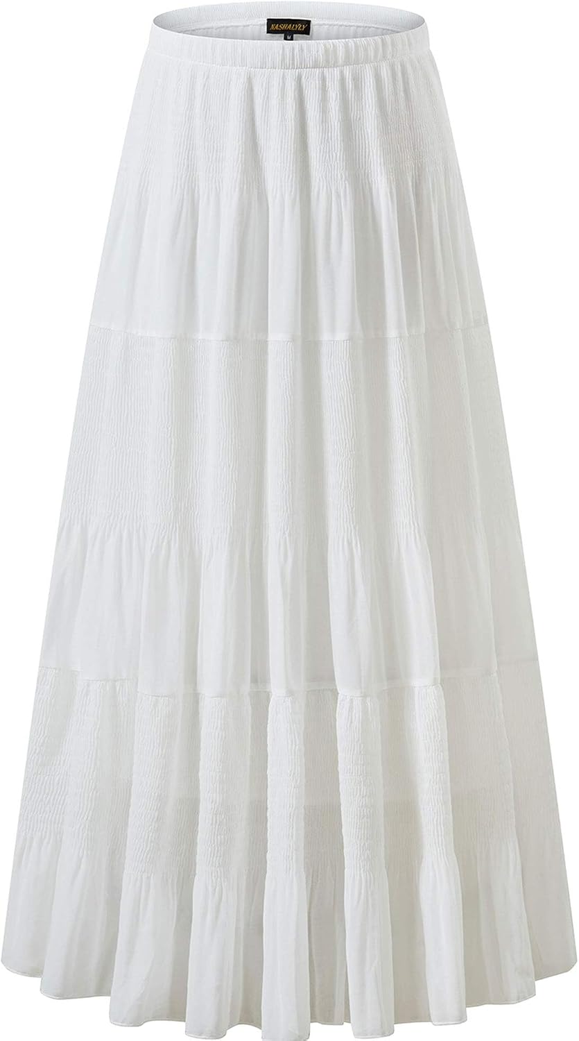 NASHALYLY Women's Chiffon Elastic High Waist Pleated A-Line Maxi Skirts